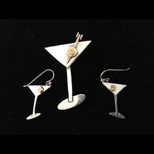 VINTAGE 925 COCKTAIL MARTINI PIN & EARRING SET